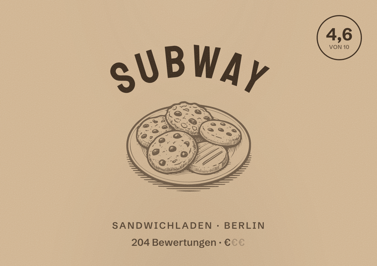 Illustriertes Poster von Subway, Sandwichladen in Berlin: Bewertung 4,6 von 10 aus 204 Bewertungen, Preisniveau €