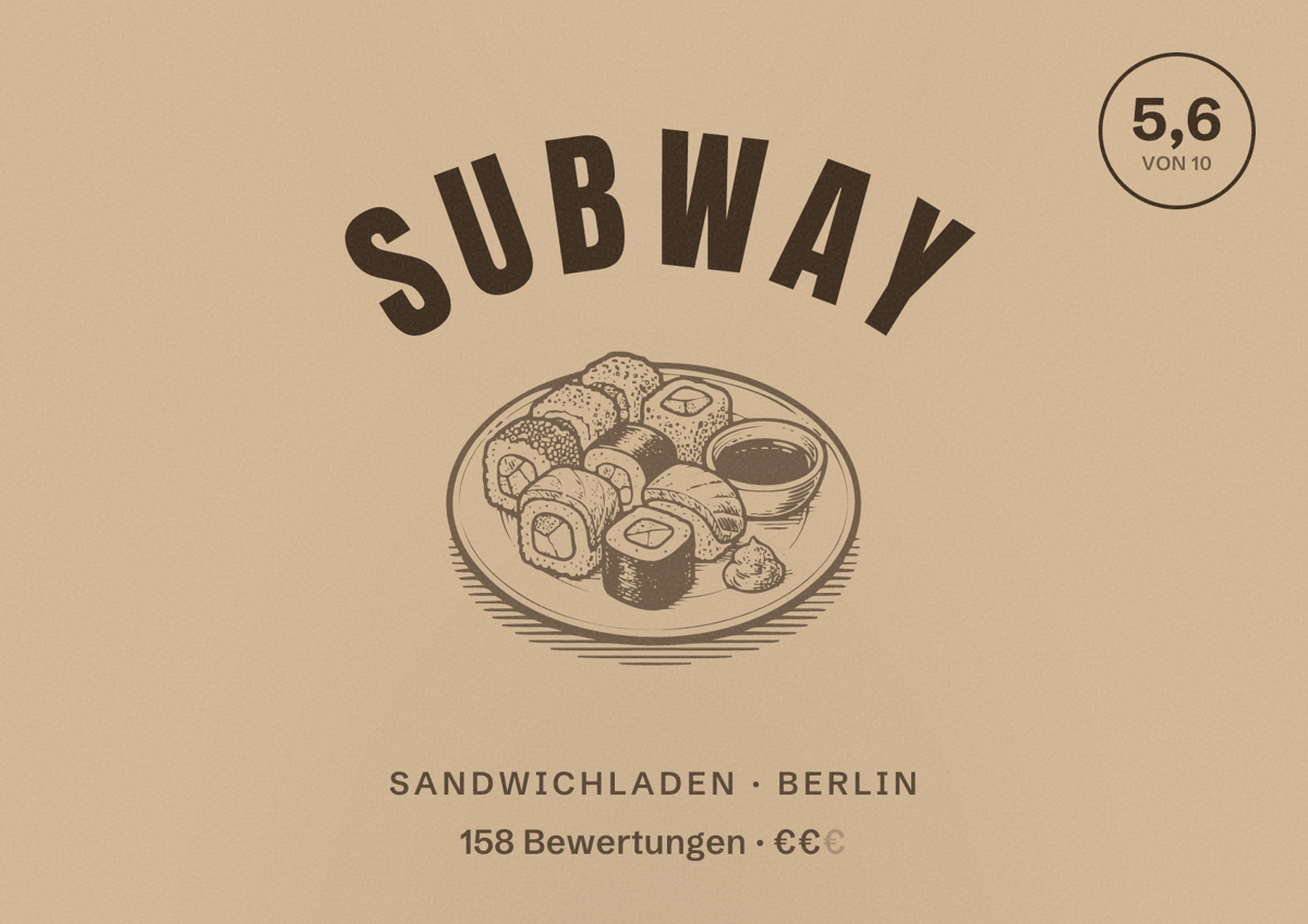 Illustriertes Poster von Subway, Sandwichladen in Berlin: Bewertung 5,6 von 10 aus 158 Bewertungen, Preisniveau €€
