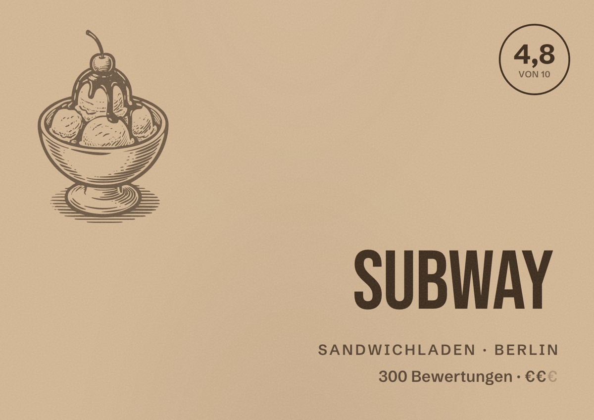 Illustriertes Poster von Subway, Sandwichladen in Berlin: Bewertung 4,8 von 10 aus 300 Bewertungen, Preisniveau €€