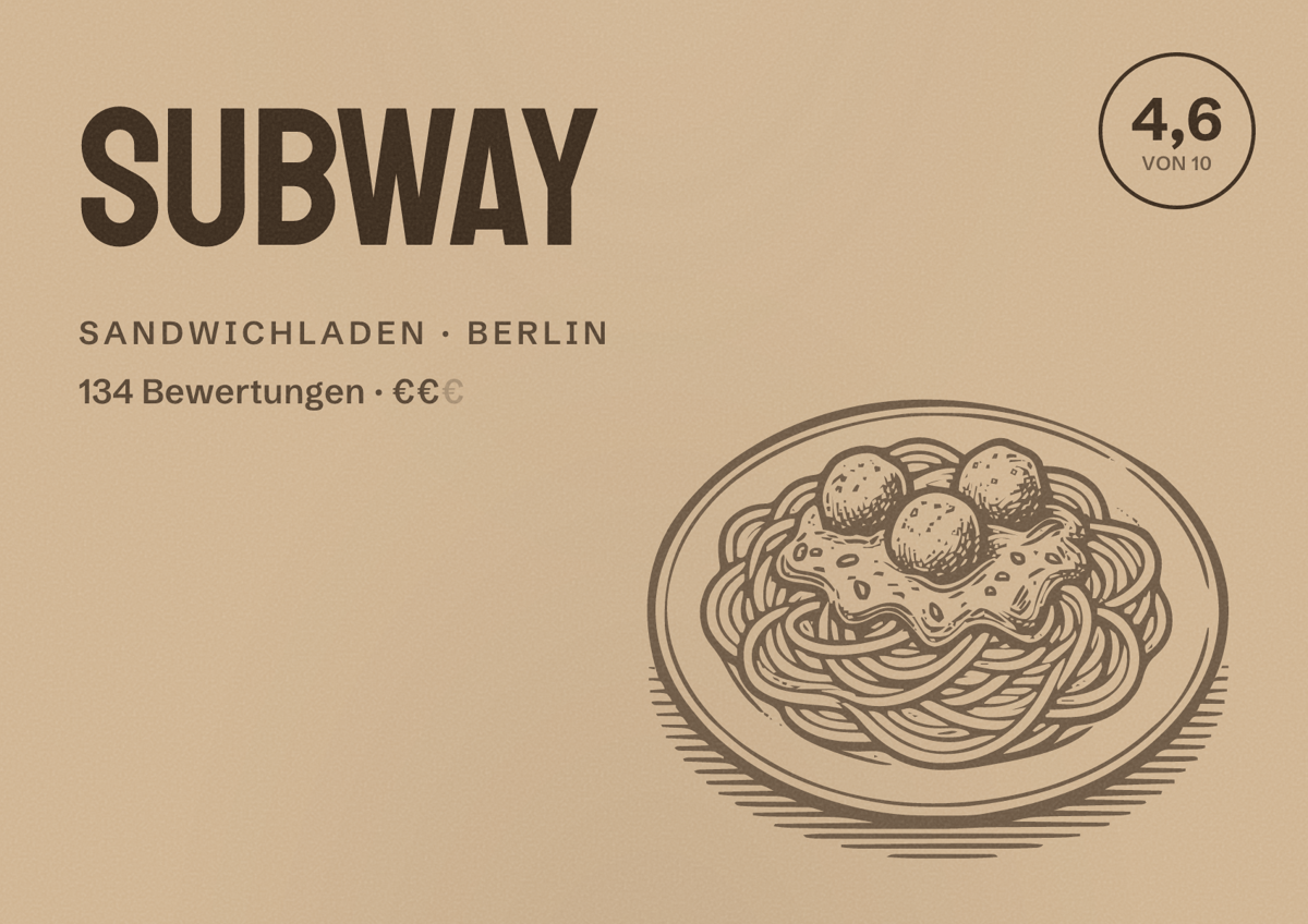 Illustriertes Poster von Subway, Sandwichladen in Berlin: Bewertung 4,6 von 10 aus 134 Bewertungen, Preisniveau €€