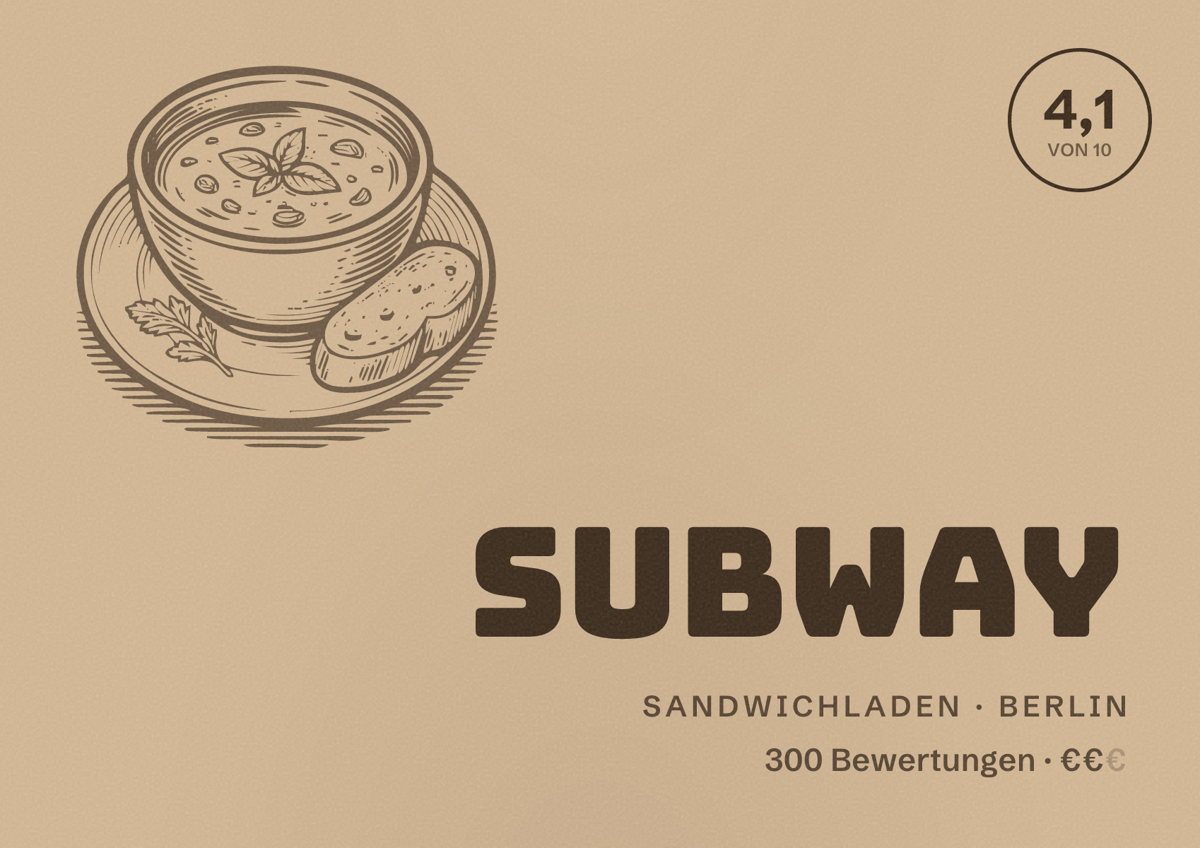Illustriertes Poster von Subway, Sandwichladen in Berlin: Bewertung 4,1 von 10 aus 300 Bewertungen, Preisniveau €€