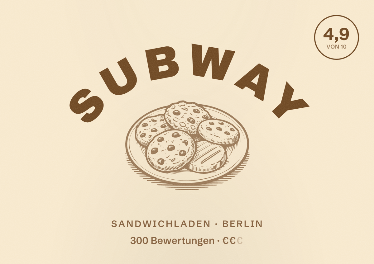 Illustriertes Poster von Subway, Sandwichladen in Berlin: Bewertung 4,9 von 10 aus 300 Bewertungen, Preisniveau €€