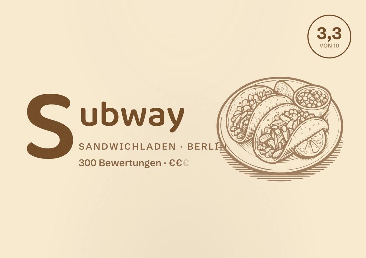 Illustriertes Poster von Subway, Sandwichladen in Berlin: Bewertung 3,3 von 10 aus 300 Bewertungen, Preisniveau €€