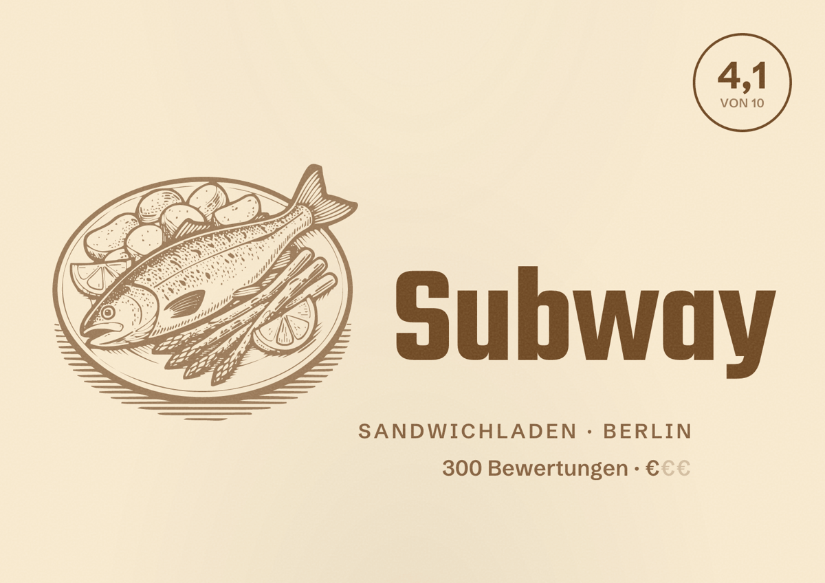 Illustriertes Poster von Subway, Sandwichladen in Berlin: Bewertung 4,1 von 10 aus 300 Bewertungen, Preisniveau €