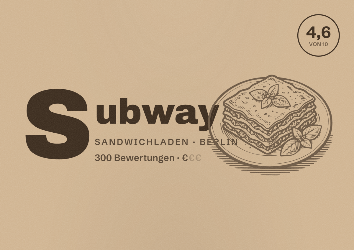 Illustriertes Poster von Subway, Sandwichladen in Berlin: Bewertung 4,6 von 10 aus 300 Bewertungen, Preisniveau €