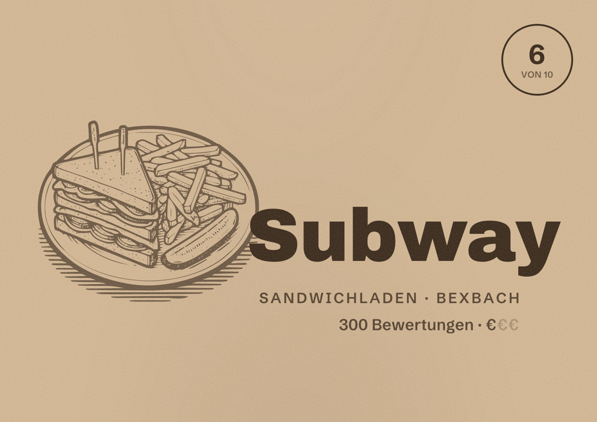 Illustriertes Poster von Subway, Sandwichladen in Bexbach: Bewertung 6 von 10 aus 300 Bewertungen, Preisniveau €