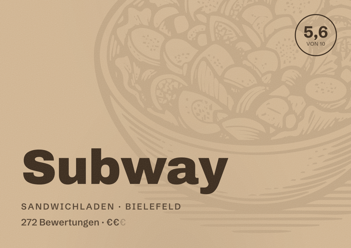 Illustriertes Poster von Subway, Sandwichladen in Bielefeld: Bewertung 5,6 von 10 aus 272 Bewertungen, Preisniveau €€