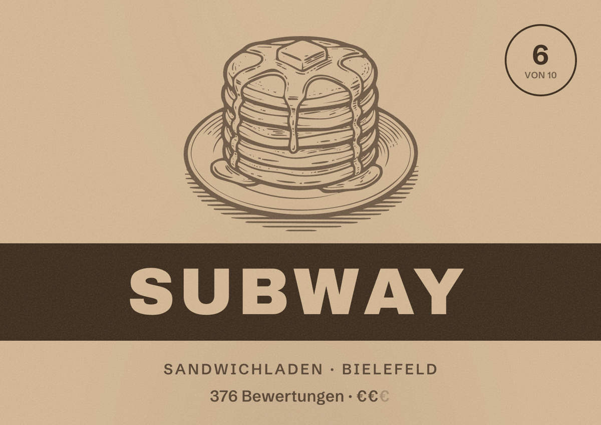 Illustriertes Poster von Subway, Sandwichladen in Bielefeld: Bewertung 6 von 10 aus 376 Bewertungen, Preisniveau €€
