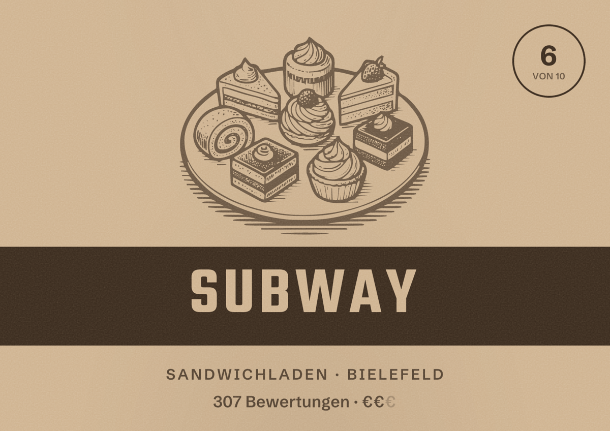 Illustriertes Poster von Subway, Sandwichladen in Bielefeld: Bewertung 6 von 10 aus 307 Bewertungen, Preisniveau €€