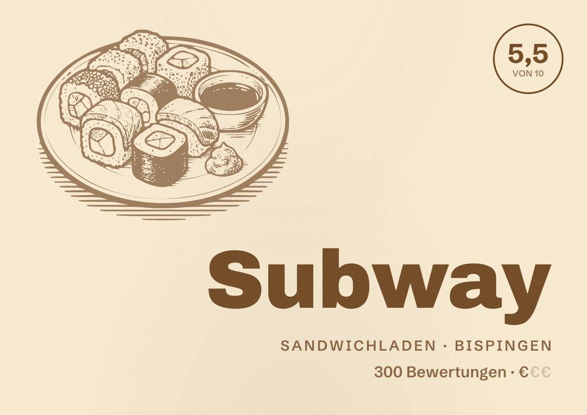 Illustriertes Poster von Subway, Sandwichladen in Bispingen: Bewertung 5,5 von 10 aus 300 Bewertungen, Preisniveau €