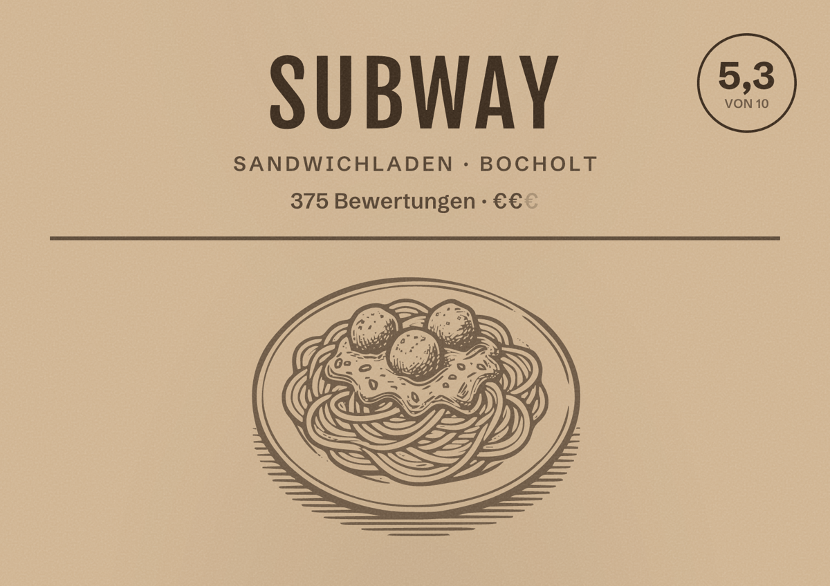 Illustriertes Poster von Subway, Sandwichladen in Bocholt: Bewertung 5,3 von 10 aus 375 Bewertungen, Preisniveau €€