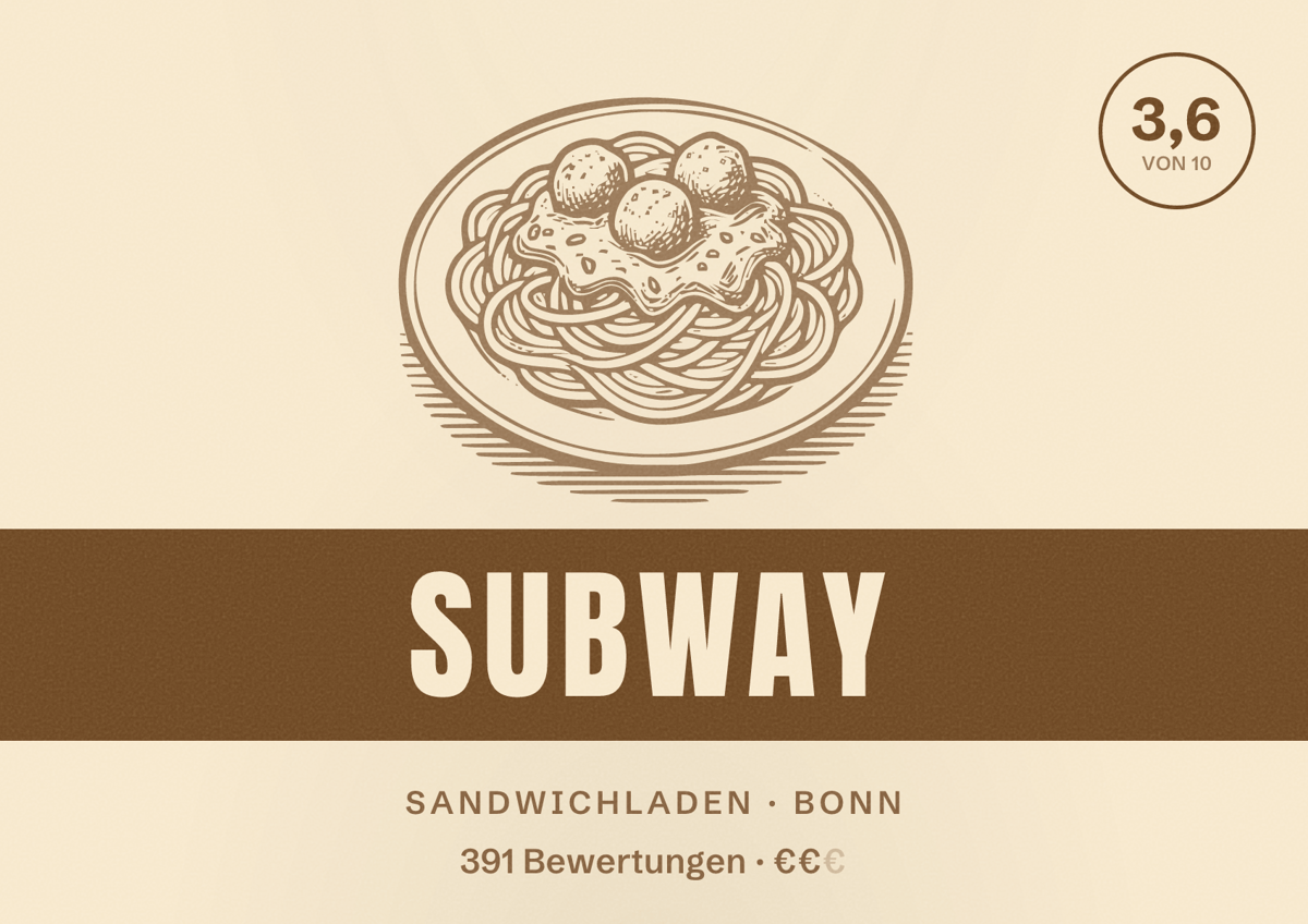 Illustriertes Poster von Subway, Sandwichladen in Bonn: Bewertung 3,6 von 10 aus 391 Bewertungen, Preisniveau €€