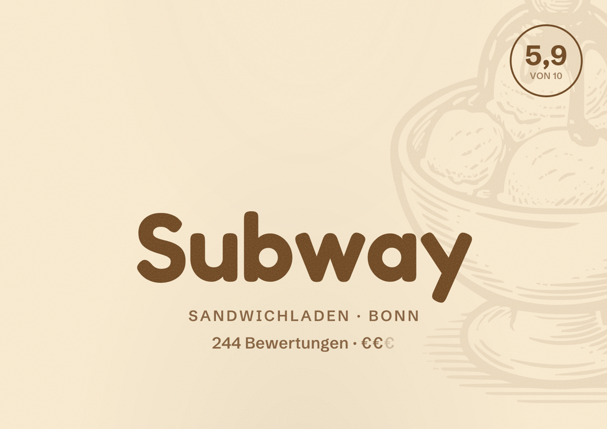 Illustriertes Poster von Subway, Sandwichladen in Bonn: Bewertung 5,9 von 10 aus 244 Bewertungen, Preisniveau €€