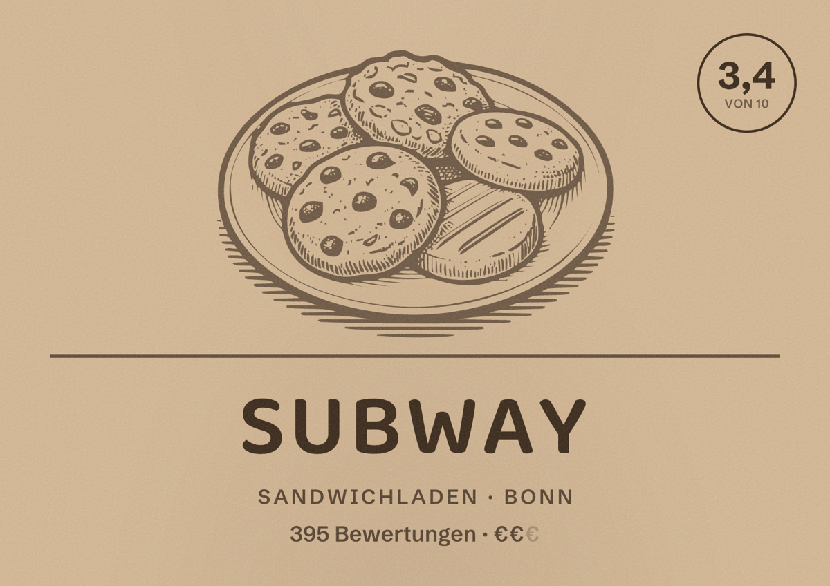 Illustriertes Poster von Subway, Sandwichladen in Bonn: Bewertung 3,4 von 10 aus 395 Bewertungen, Preisniveau €€