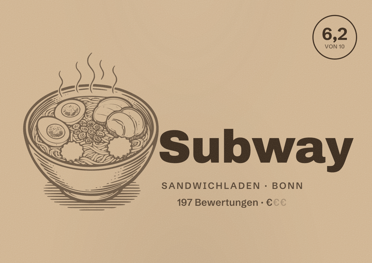 Illustriertes Poster von Subway, Sandwichladen in Bonn: Bewertung 6,2 von 10 aus 197 Bewertungen, Preisniveau €