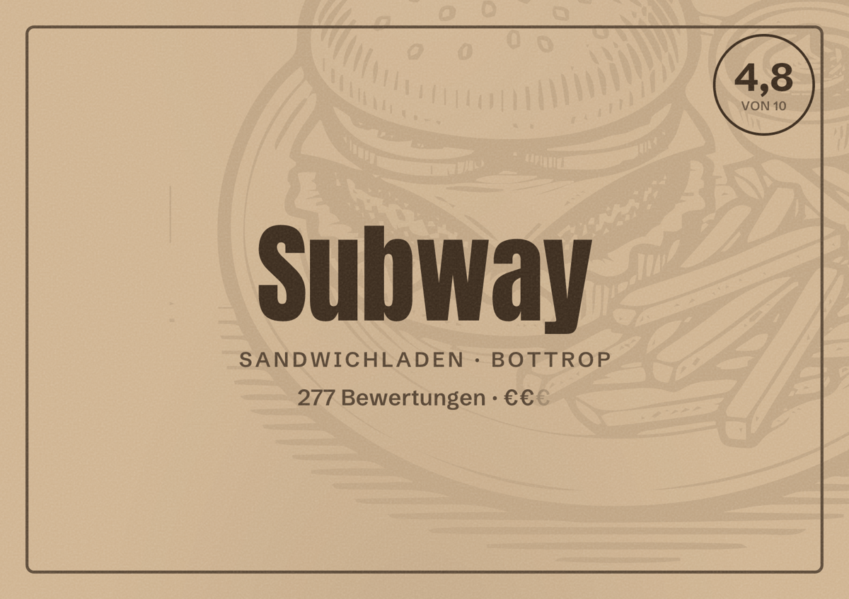 Illustriertes Poster von Subway, Sandwichladen in Bottrop: Bewertung 4,8 von 10 aus 277 Bewertungen, Preisniveau €€