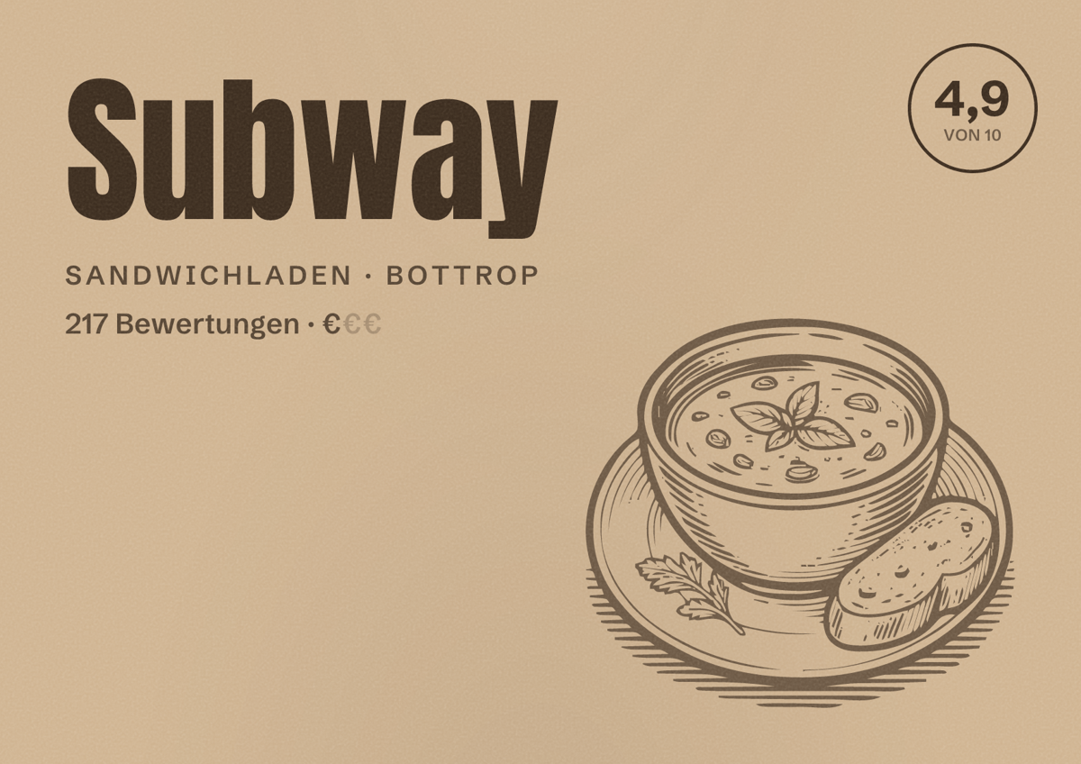Illustriertes Poster von Subway, Sandwichladen in Bottrop: Bewertung 4,9 von 10 aus 217 Bewertungen, Preisniveau €