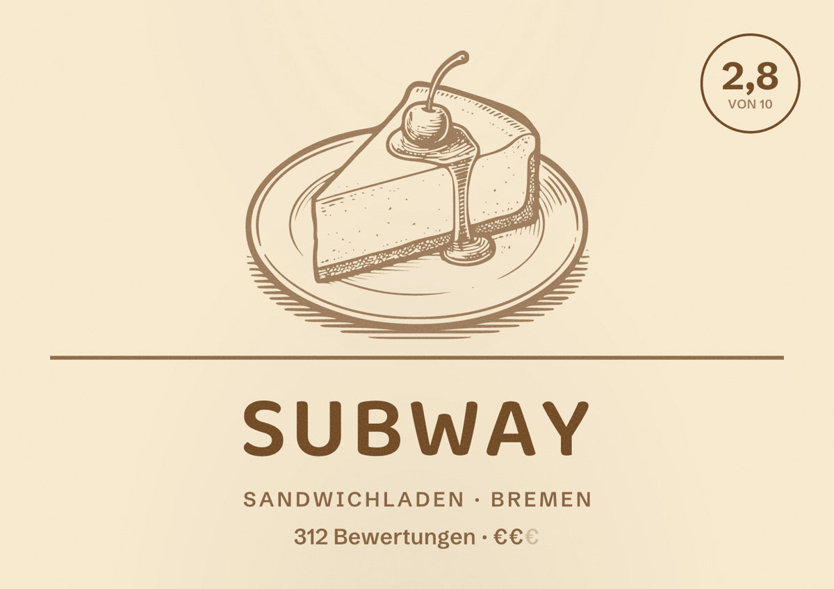 Illustriertes Poster von Subway, Sandwichladen in Bremen: Bewertung 2,8 von 10 aus 312 Bewertungen, Preisniveau €€