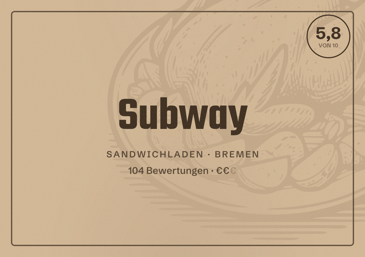 Illustriertes Poster von Subway, Sandwichladen in Bremen: Bewertung 5,8 von 10 aus 104 Bewertungen, Preisniveau €€