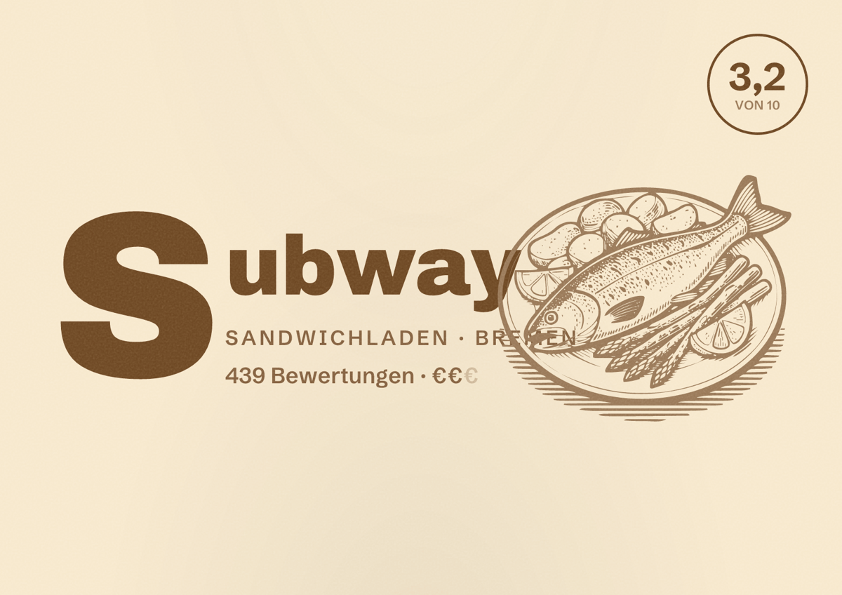 Illustriertes Poster von Subway, Sandwichladen in Bremen: Bewertung 3,2 von 10 aus 439 Bewertungen, Preisniveau €€