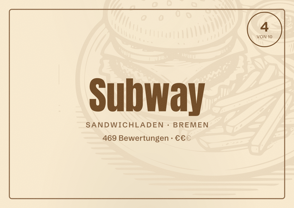 Illustriertes Poster von Subway, Sandwichladen in Bremen: Bewertung 4 von 10 aus 469 Bewertungen, Preisniveau €€