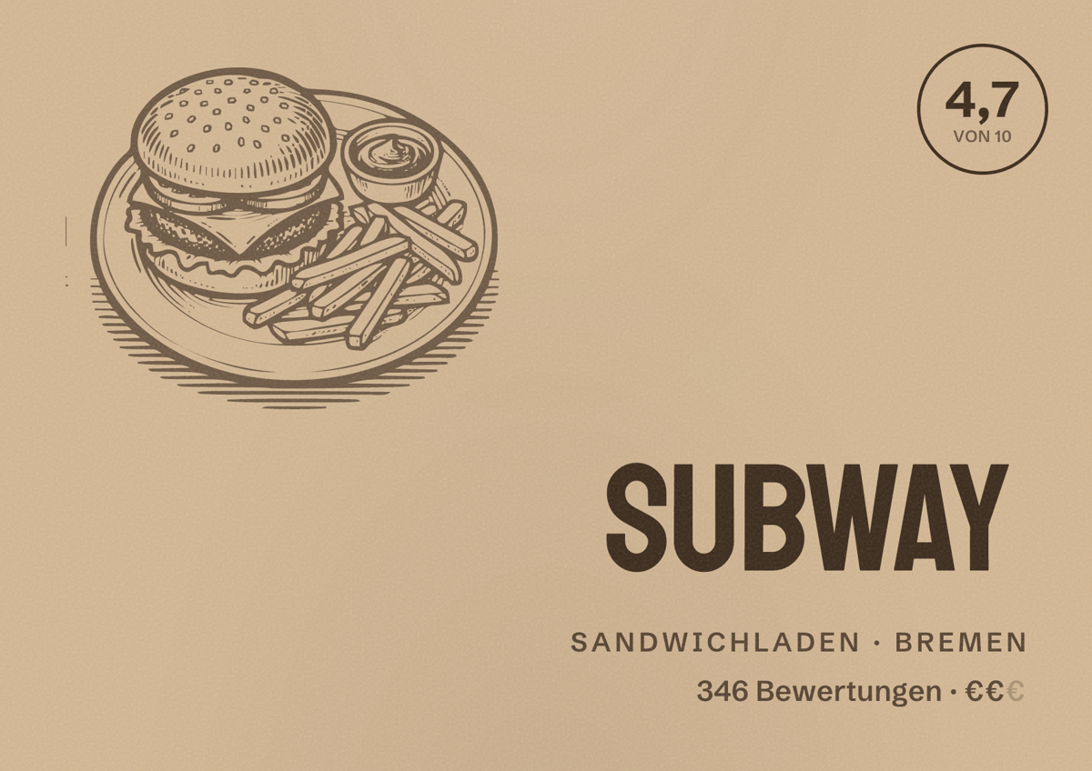 Illustriertes Poster von Subway, Sandwichladen in Bremen: Bewertung 4,7 von 10 aus 346 Bewertungen, Preisniveau €€