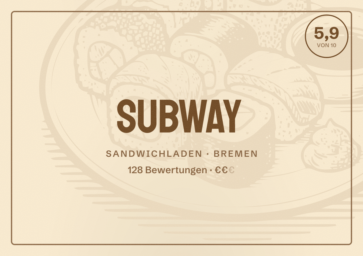 Illustriertes Poster von Subway, Sandwichladen in Bremen: Bewertung 5,9 von 10 aus 128 Bewertungen, Preisniveau €€