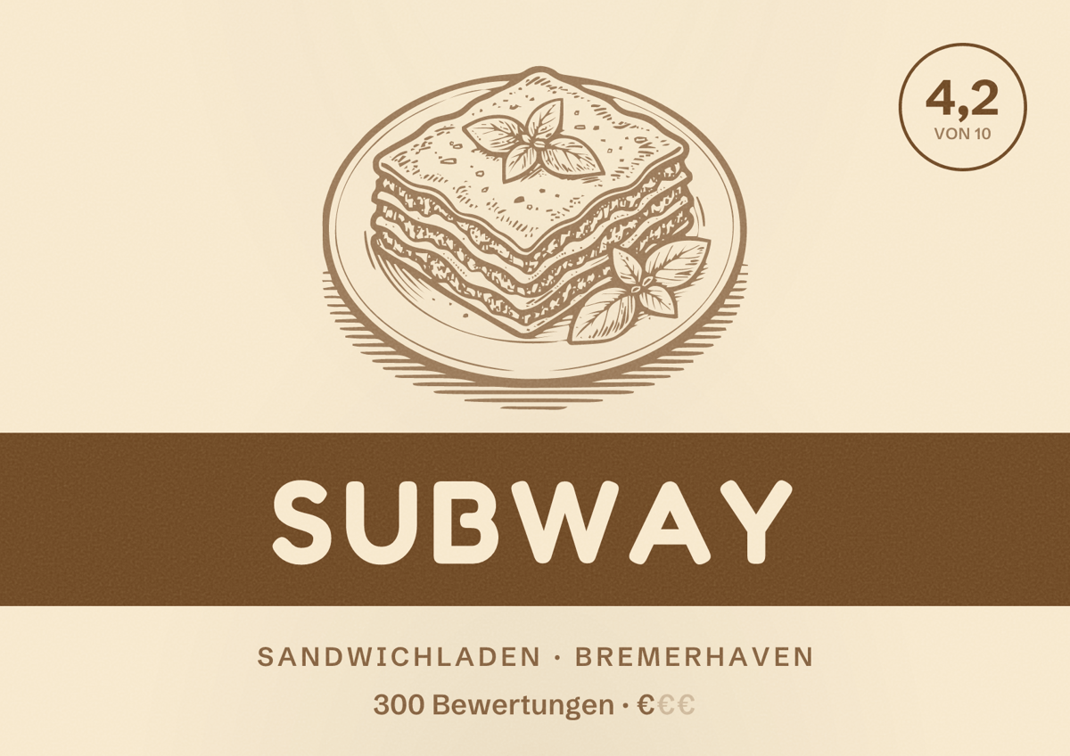 Illustriertes Poster von Subway, Sandwichladen in Bremerhaven: Bewertung 4,2 von 10 aus 300 Bewertungen, Preisniveau €