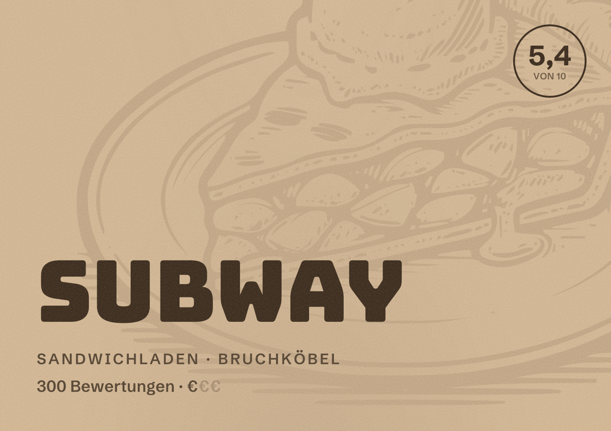 Illustriertes Poster von Subway, Sandwichladen in Bruchköbel: Bewertung 5,4 von 10 aus 300 Bewertungen, Preisniveau €