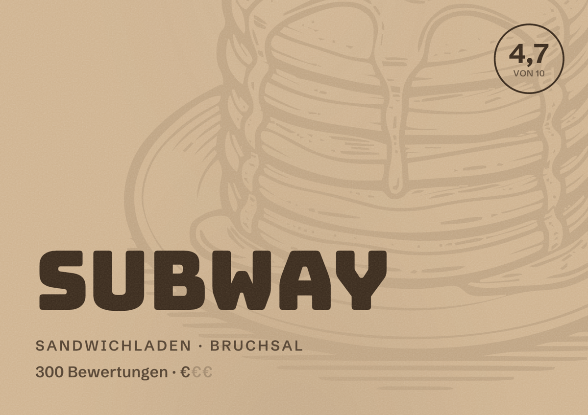 Illustriertes Poster von Subway, Sandwichladen in Bruchsal: Bewertung 4,7 von 10 aus 300 Bewertungen, Preisniveau €