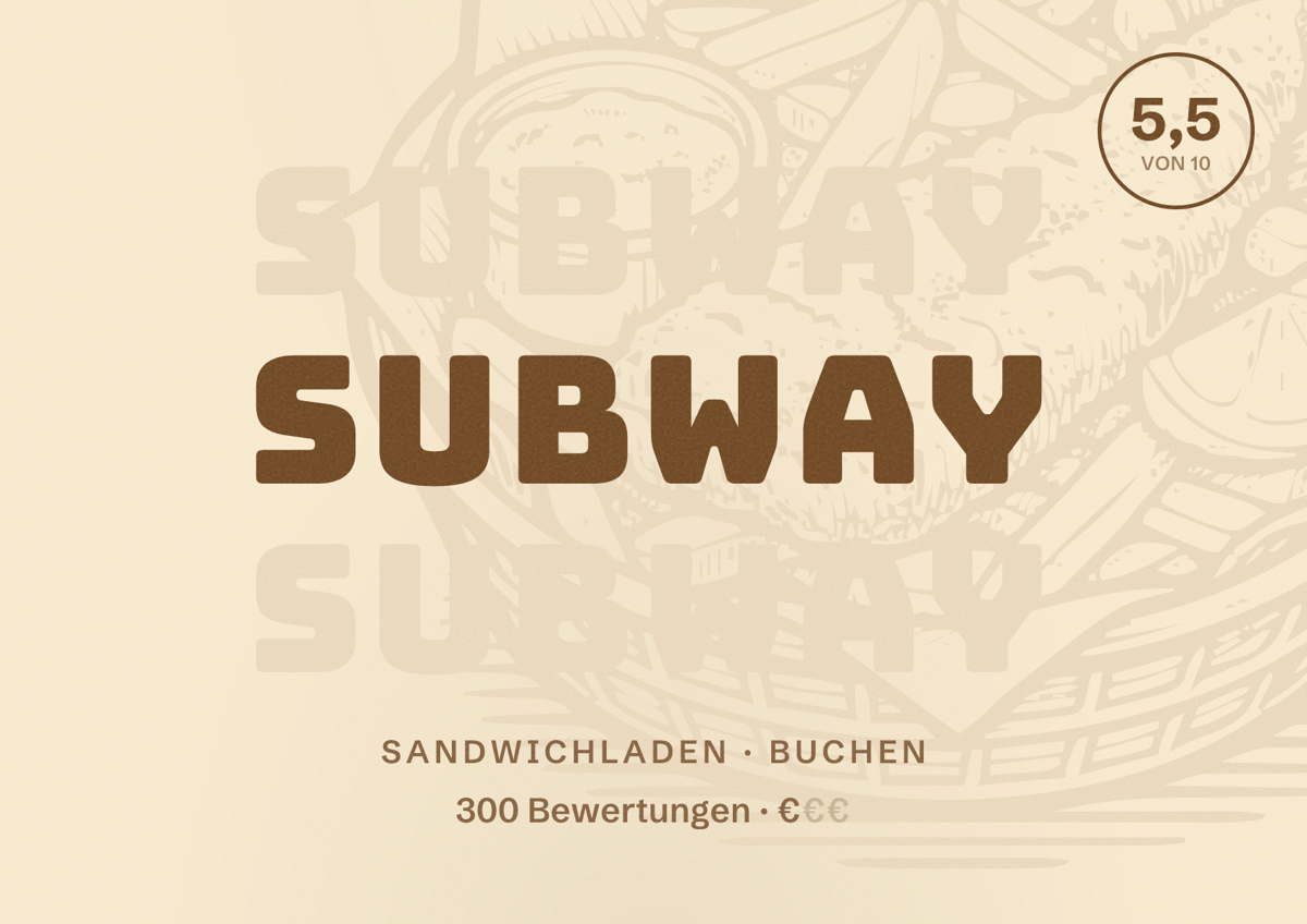 Illustriertes Poster von Subway, Sandwichladen in Buchen: Bewertung 5,5 von 10 aus 300 Bewertungen, Preisniveau €