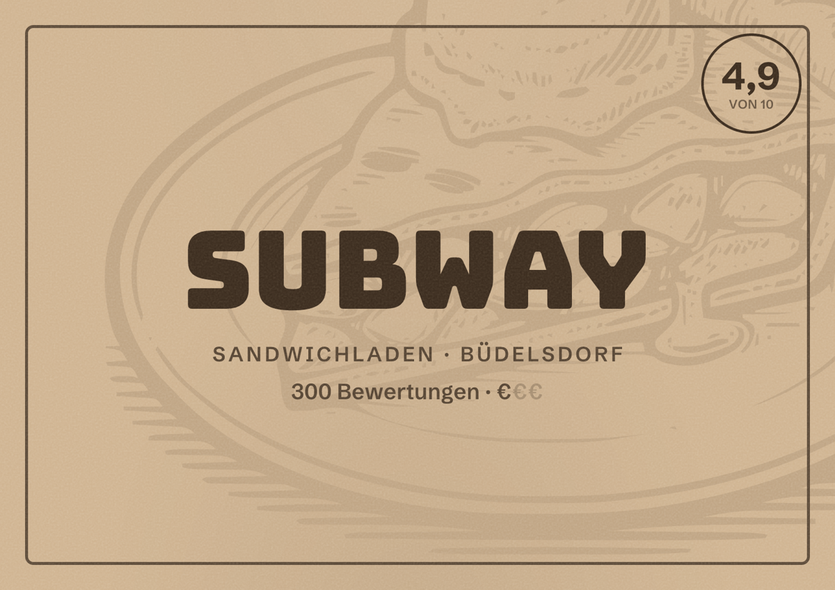 Illustriertes Poster von Subway, Sandwichladen in Büdelsdorf: Bewertung 4,9 von 10 aus 300 Bewertungen, Preisniveau €