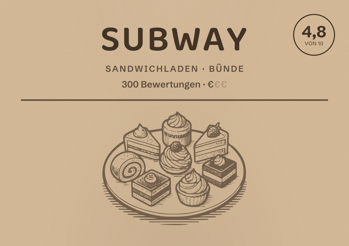 Illustriertes Poster von Subway, Sandwichladen in Bünde: Bewertung 4,8 von 10 aus 300 Bewertungen, Preisniveau €
