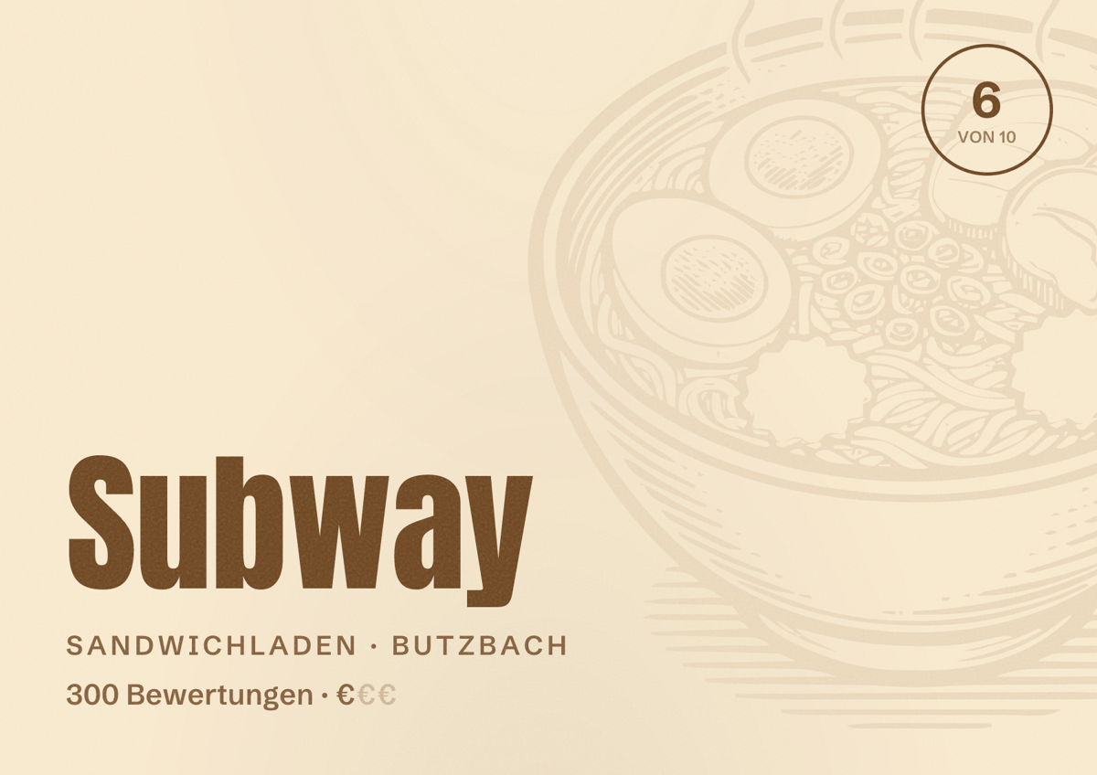 Illustriertes Poster von Subway, Sandwichladen in Butzbach: Bewertung 6 von 10 aus 300 Bewertungen, Preisniveau €