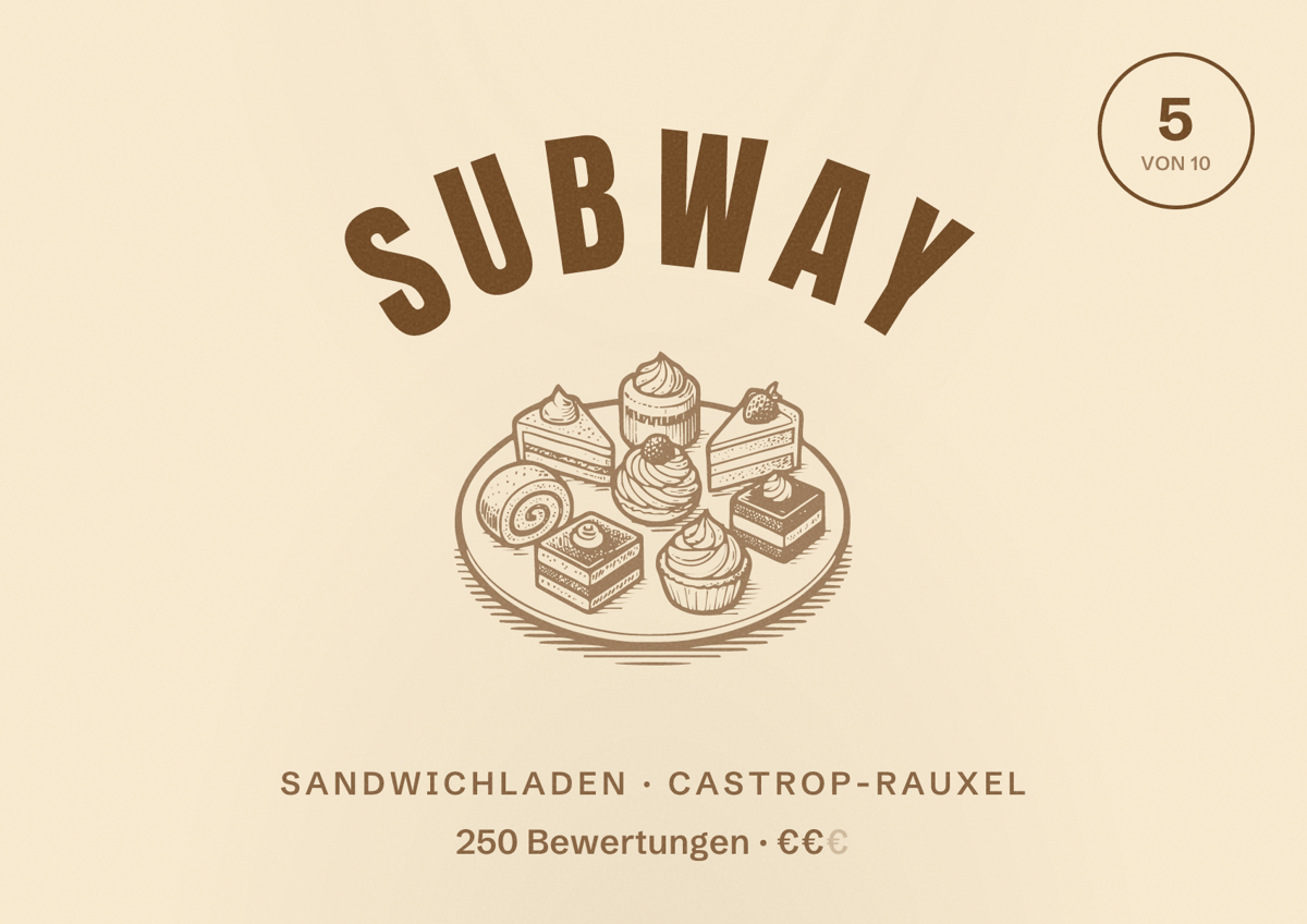 Illustriertes Poster von Subway, Sandwichladen in Castrop-Rauxel: Bewertung 5 von 10 aus 250 Bewertungen, Preisniveau €€