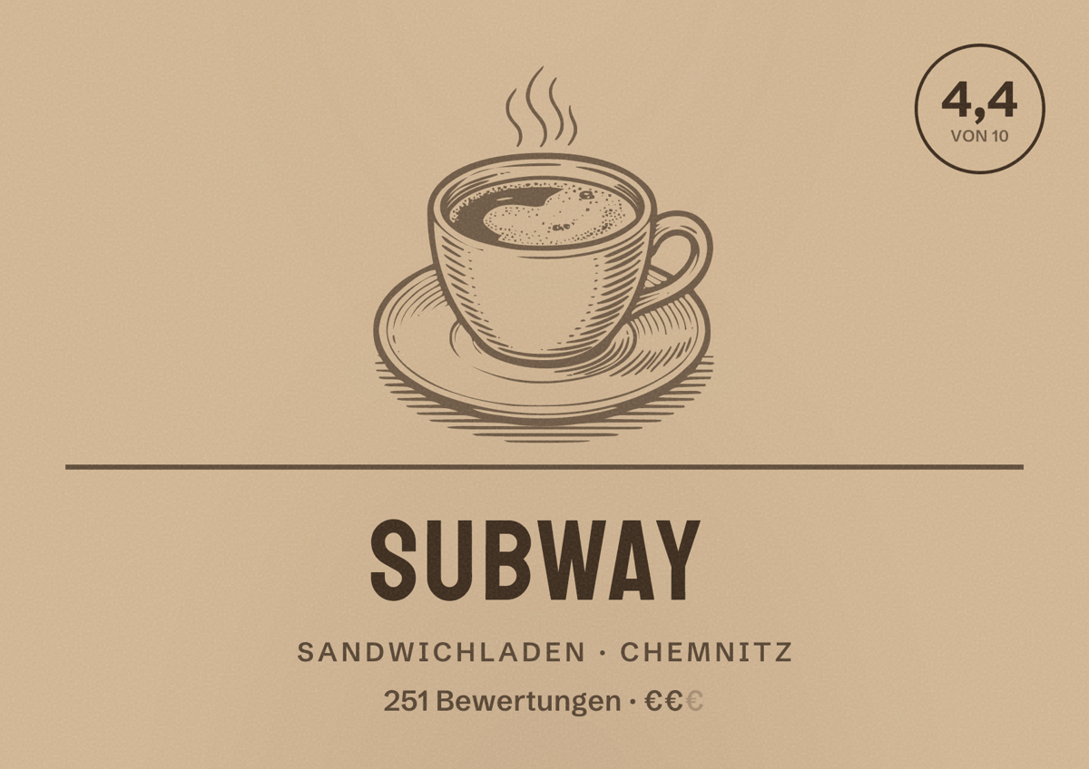 Illustriertes Poster von Subway, Sandwichladen in Chemnitz: Bewertung 4,4 von 10 aus 251 Bewertungen, Preisniveau €€