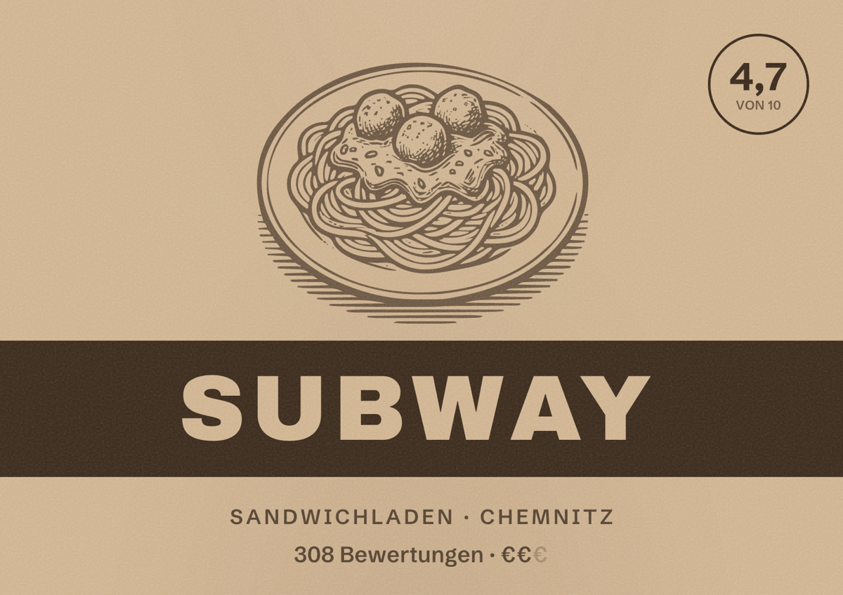 Illustriertes Poster von Subway, Sandwichladen in Chemnitz: Bewertung 4,7 von 10 aus 308 Bewertungen, Preisniveau €€