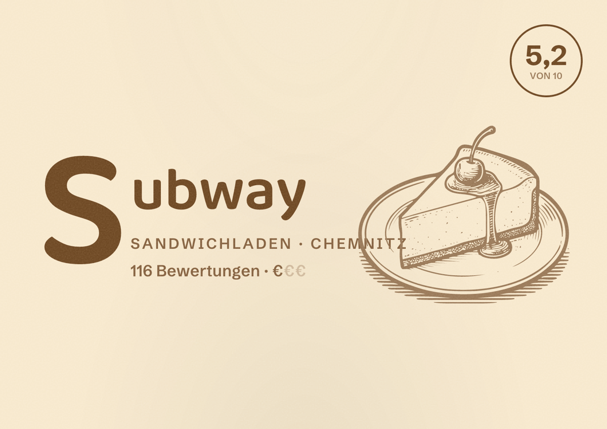 Illustriertes Poster von Subway, Sandwichladen in Chemnitz: Bewertung 5,2 von 10 aus 116 Bewertungen, Preisniveau €