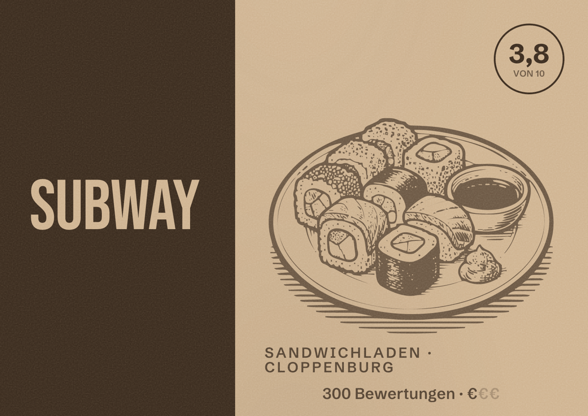 Illustriertes Poster von Subway, Sandwichladen in Cloppenburg: Bewertung 3,8 von 10 aus 300 Bewertungen, Preisniveau €