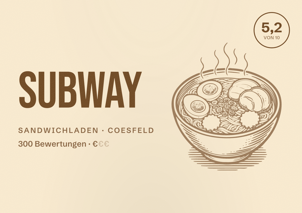 Illustriertes Poster von Subway, Sandwichladen in Coesfeld: Bewertung 5,2 von 10 aus 300 Bewertungen, Preisniveau €