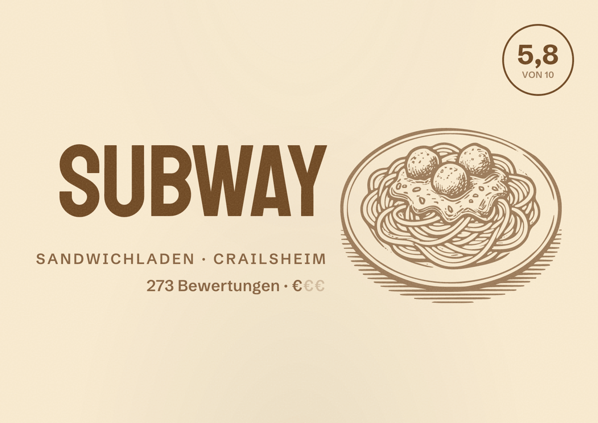 Illustriertes Poster von Subway, Sandwichladen in Crailsheim: Bewertung 5,8 von 10 aus 273 Bewertungen, Preisniveau €