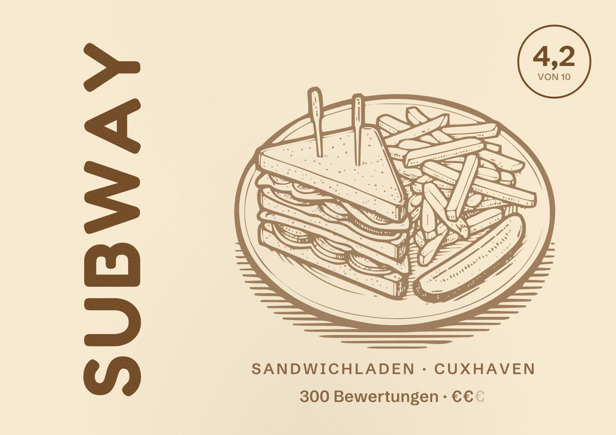 Illustriertes Poster von Subway, Sandwichladen in Cuxhaven: Bewertung 4,2 von 10 aus 300 Bewertungen, Preisniveau €€