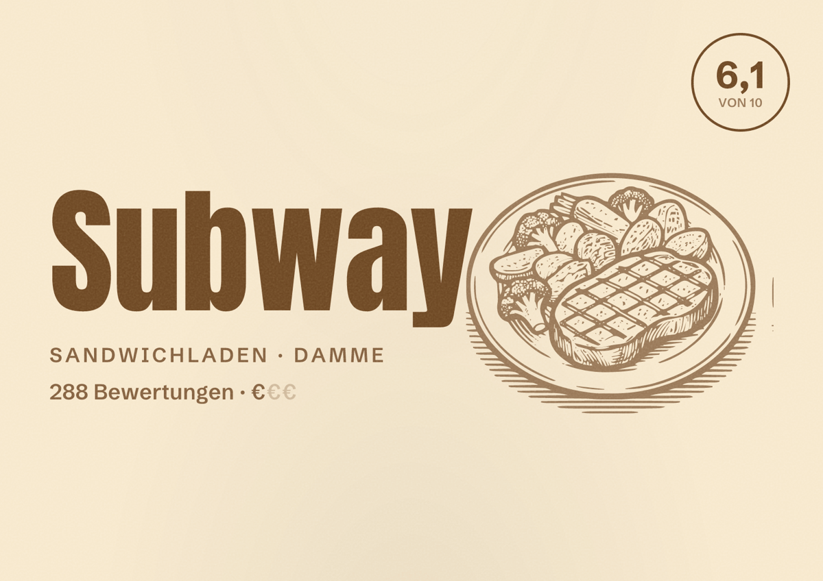 Illustriertes Poster von Subway, Sandwichladen in Damme: Bewertung 6,1 von 10 aus 288 Bewertungen, Preisniveau €