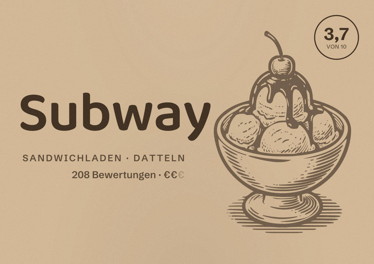 Illustriertes Poster von Subway, Sandwichladen in Datteln: Bewertung 3,7 von 10 aus 208 Bewertungen, Preisniveau €€