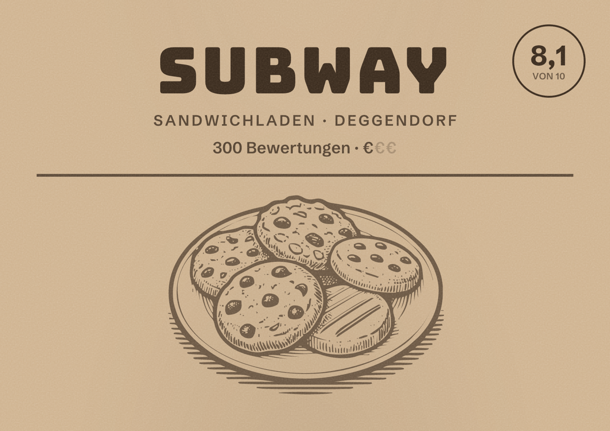 Illustriertes Poster von Subway, Sandwichladen in Deggendorf: Bewertung 8,1 von 10 aus 300 Bewertungen, Preisniveau €