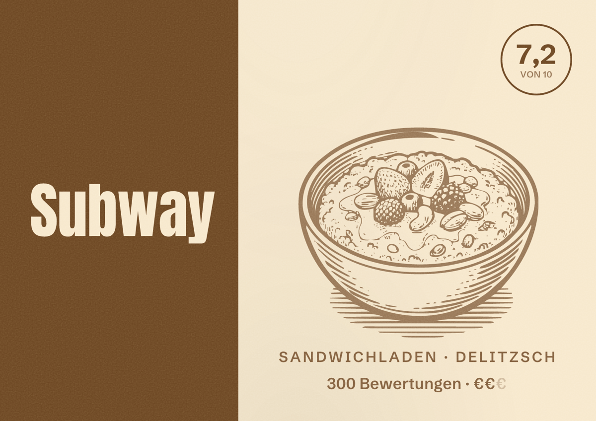 Illustriertes Poster von Subway, Sandwichladen in Delitzsch: Bewertung 7,2 von 10 aus 300 Bewertungen, Preisniveau €€