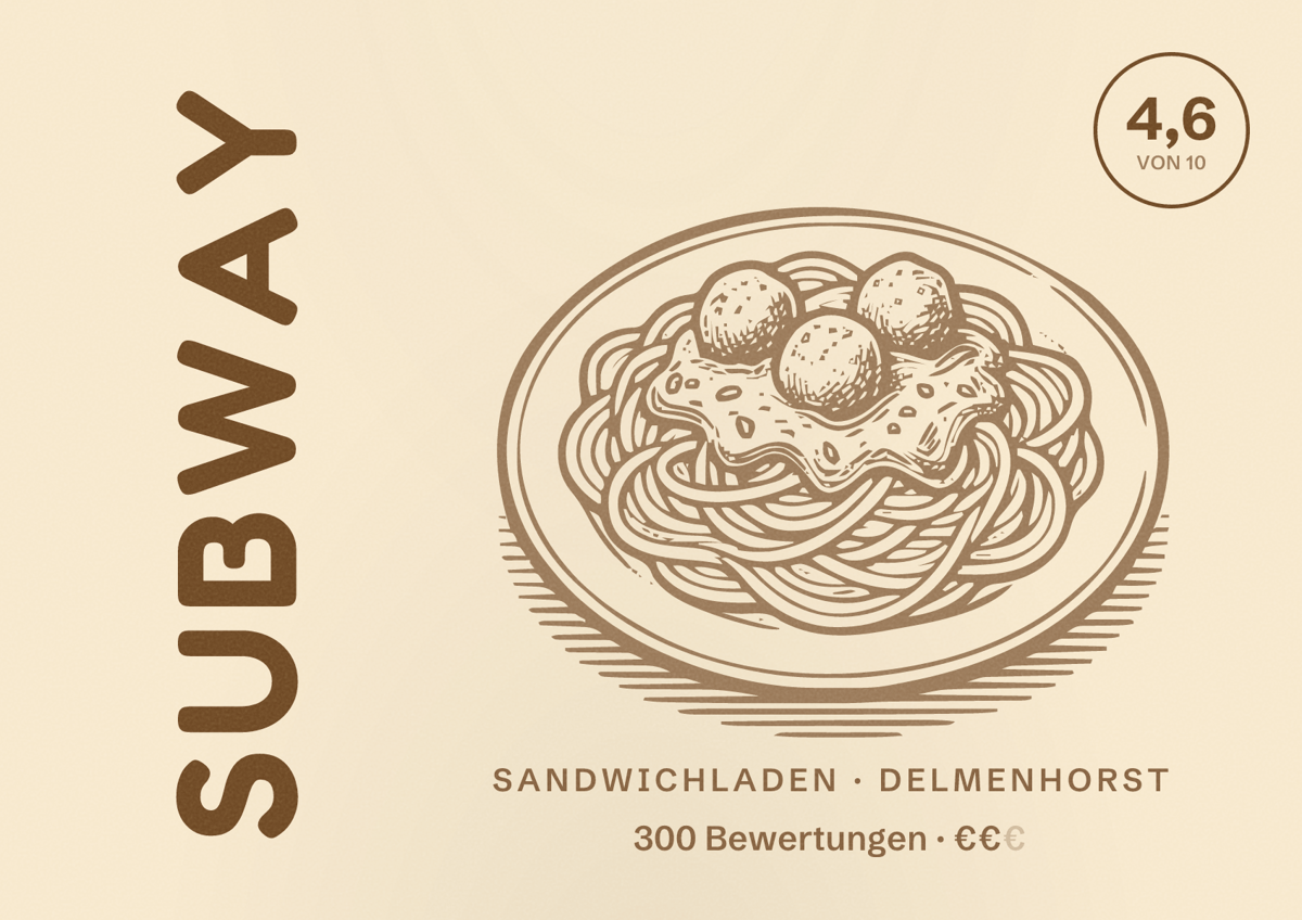 Illustriertes Poster von Subway, Sandwichladen in Delmenhorst: Bewertung 4,6 von 10 aus 300 Bewertungen, Preisniveau €€