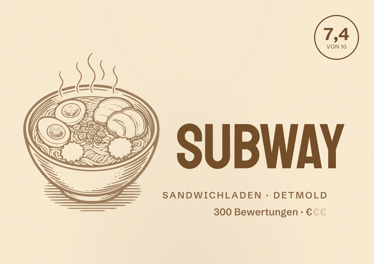 Illustriertes Poster von Subway, Sandwichladen in Detmold: Bewertung 7,4 von 10 aus 300 Bewertungen, Preisniveau €