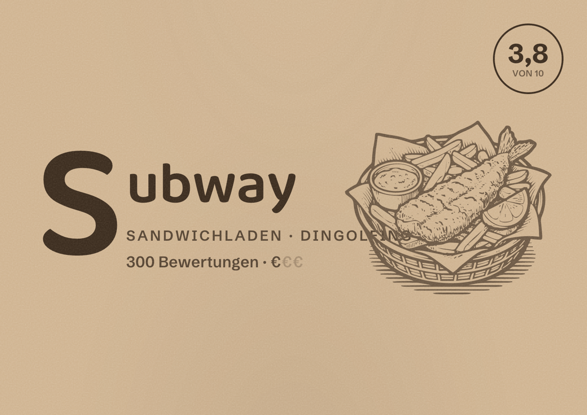 Illustriertes Poster von Subway, Sandwichladen in Dingolfing: Bewertung 3,8 von 10 aus 300 Bewertungen, Preisniveau €