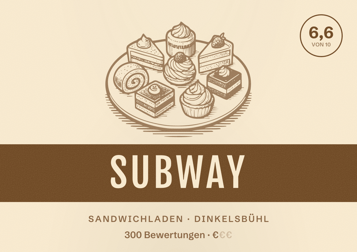 Illustriertes Poster von Subway, Sandwichladen in Dinkelsbühl: Bewertung 6,6 von 10 aus 300 Bewertungen, Preisniveau €